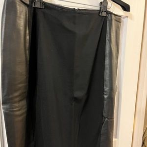 Black faux leather and ponte knit.